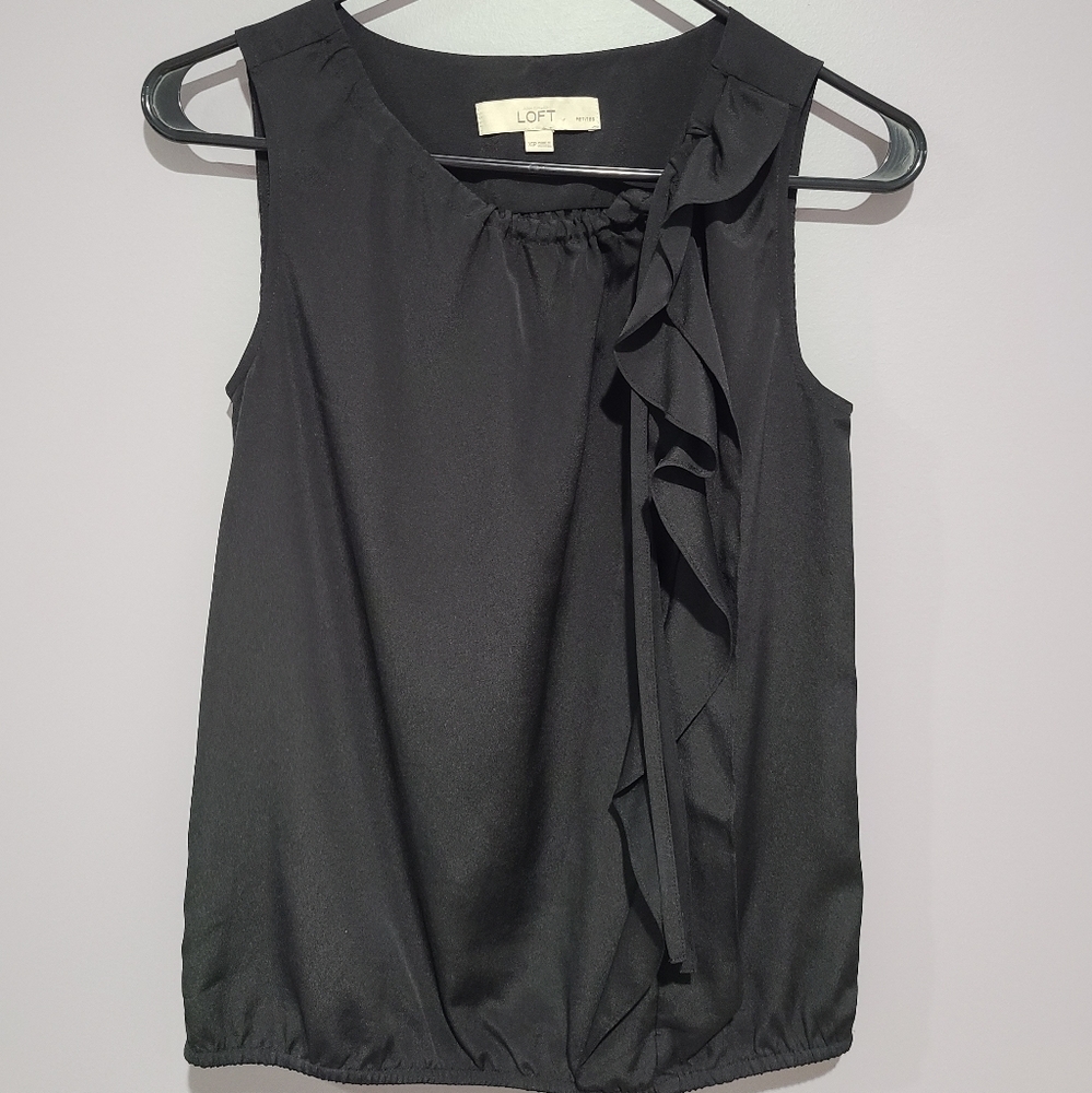 LOFT Black Silky Bow Button Sleeveless Top